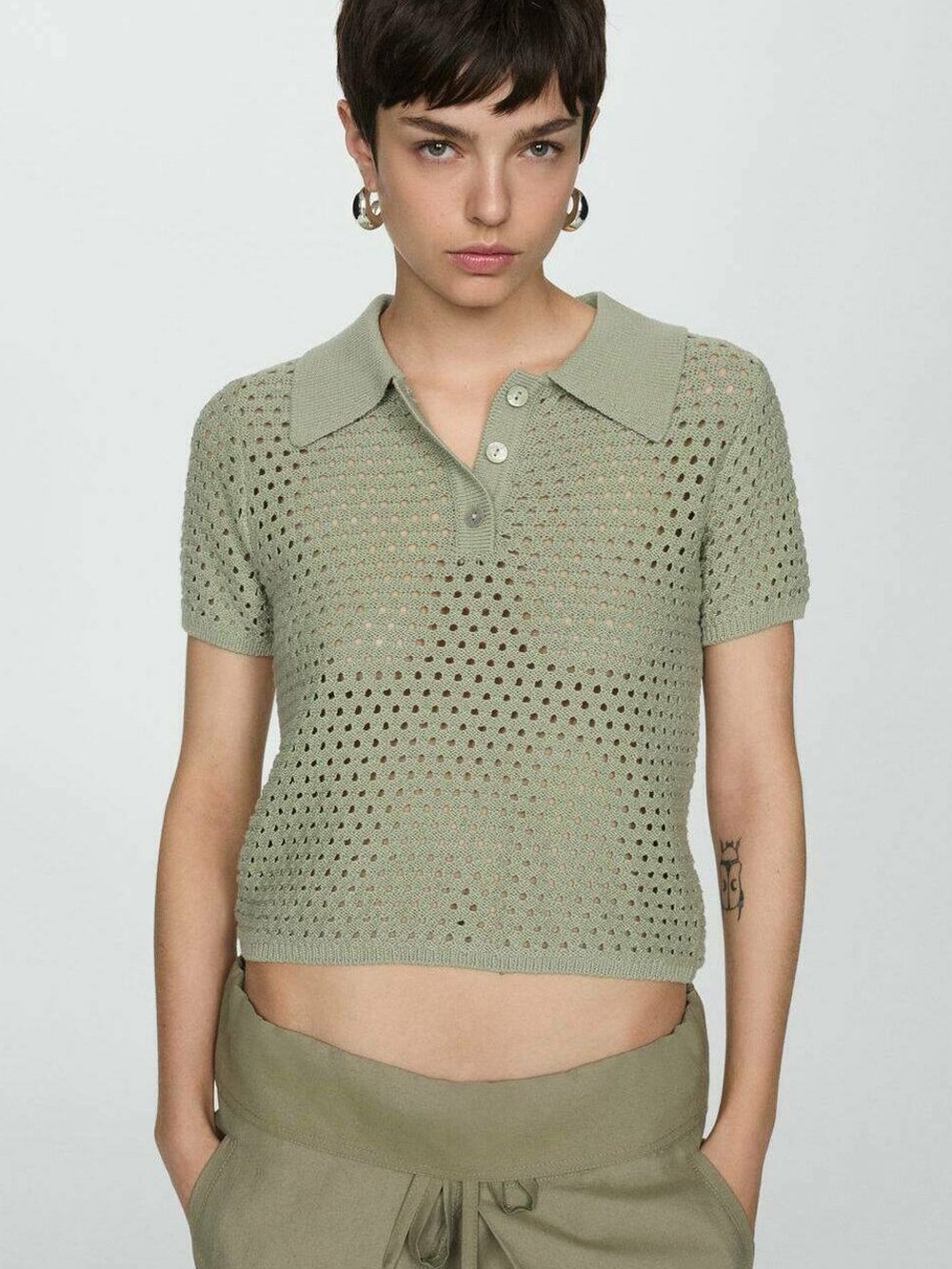 Mango Openwork Knit Cropped Polo in Sage
